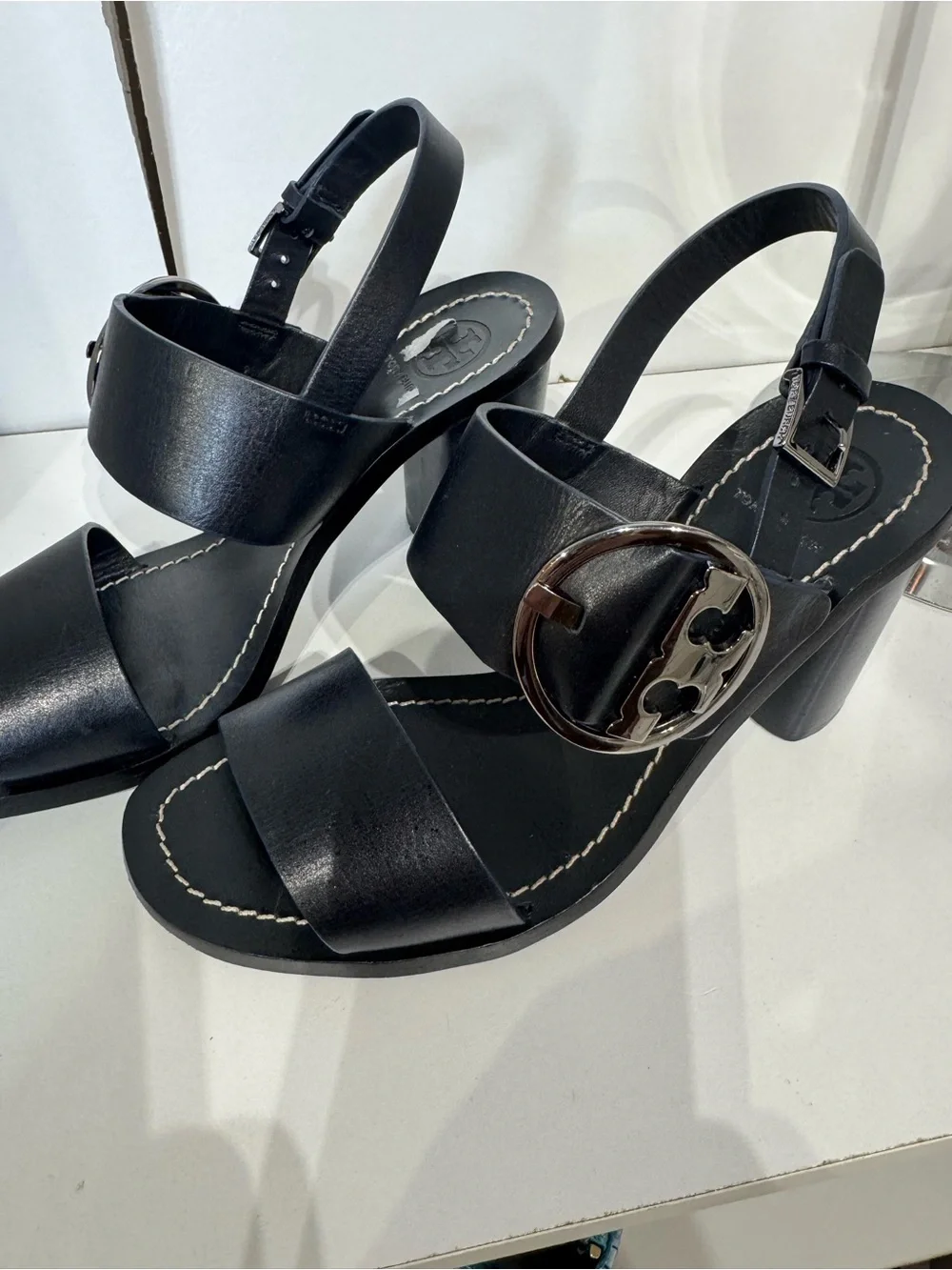 Tory Burch Black Leather Block Heel Sandals with Logo Buckle